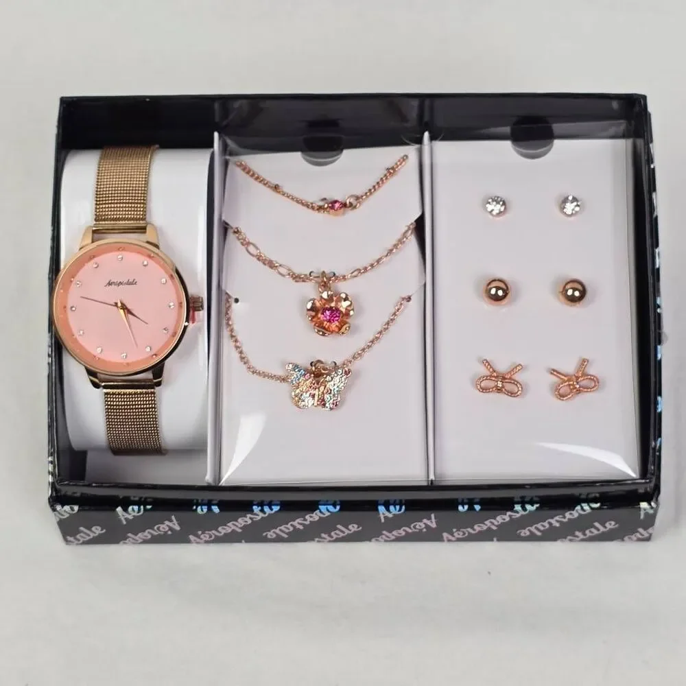 Aeropostale Watch Jewelry Set Necklace Earrings Rose Gold Pink